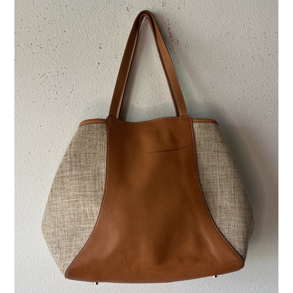 J. McLaughlin Tan Leather and Beige Canvas Hobo Bag
